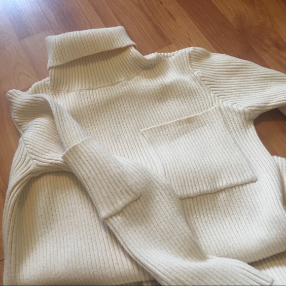 Cream Ribbed Sweater Dress w/Turtleneck 3/4 Sleeve - Picture 3 of 16